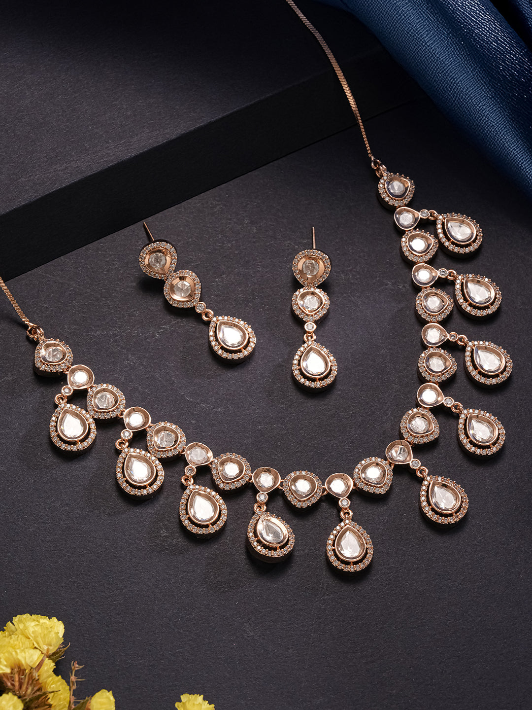 Gold Plated Kundan Polki Studded Designer  Bridesmaid Minimal Necklace Jewellery Set